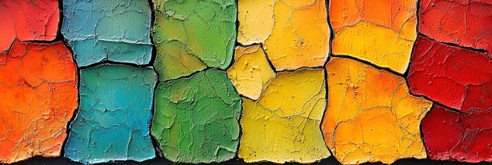Colorful abstract wall with vibrant hues and cracked texture creating a striking visual appeal.