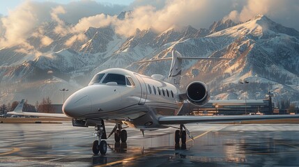 Obraz premium A white jet is parked on the runway in front of a mountain range