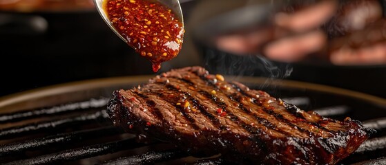 Closeup of a perfectly grilled slice of beef being dipped into a spicy sauce The sauce glistens with red chili flakes