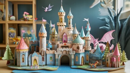 Fototapeta premium A 3D castle playset with princesses, knights, and dragons, displayed in a magical play area
