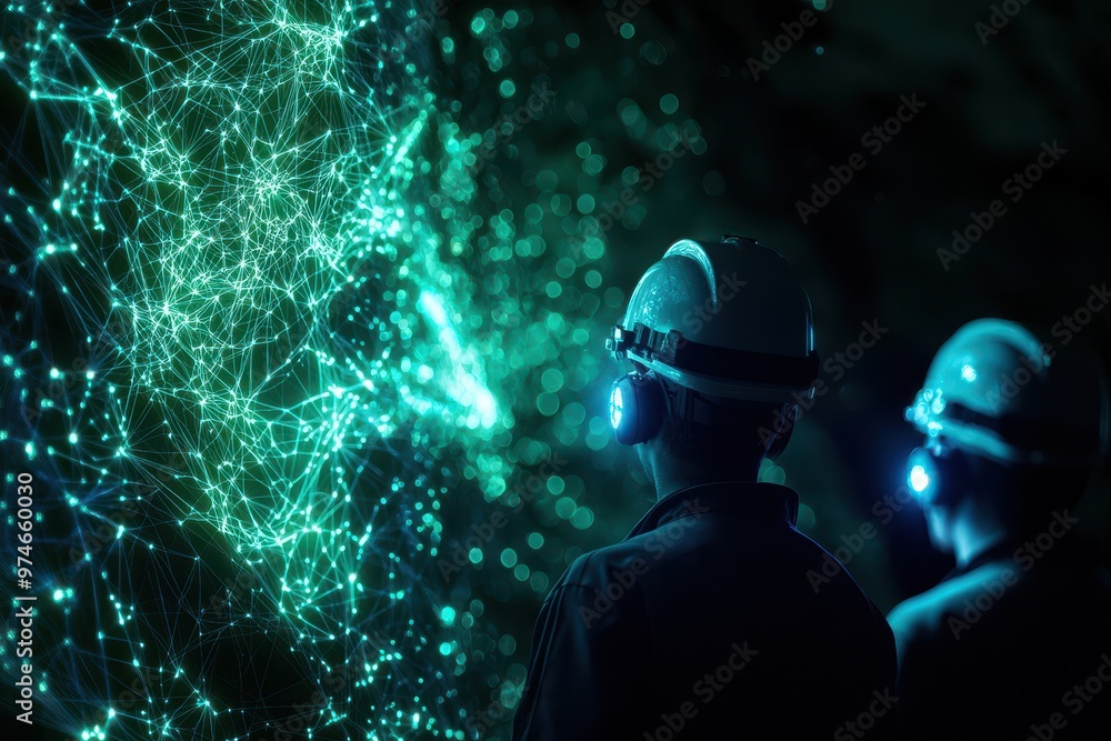 Aufkleber Industrial workers analyze data projections in a high-tech environment, highlighting futuristic technology and digital innovation.