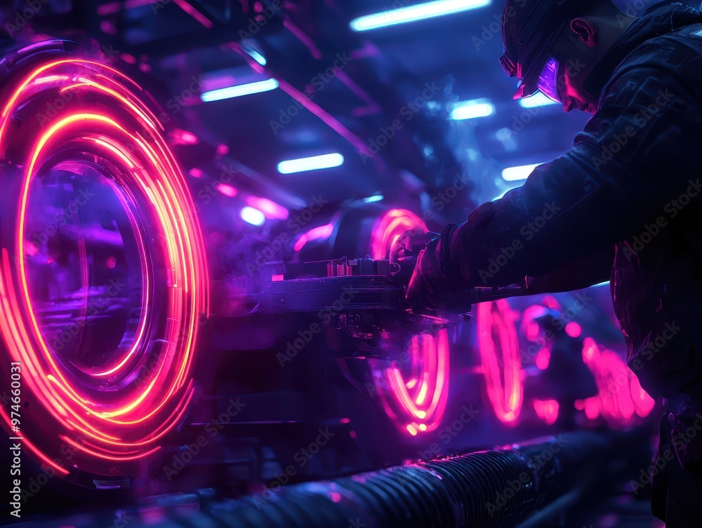 Poster industrial worker operating neon-lit machinery in a futuristic factory setting, showcasing advanced 
