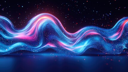 Vibrant wave of colorful light in a cosmic space, showcasing brilliant hues of pink and blue with a sparkling background.