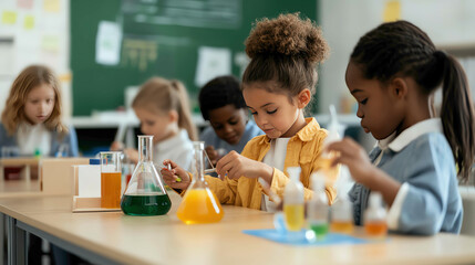 Primary school students engaged in a group science experiment, mixing colorful liquids, vibrant and engaging classroom, Science education, Hands-on learning