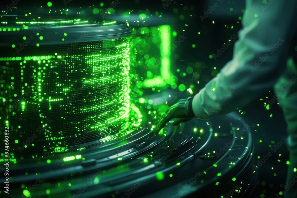 Poster person interacting with futuristic digital interface, surrounded by glowing green data streams, symb