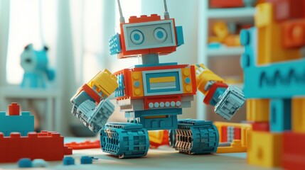 Obraz premium A 3D model of a robot toy with movable parts, sitting on a table with other building blocks