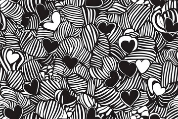 Abstract seamless chaotic pattern with line hearts. Monochrome background.