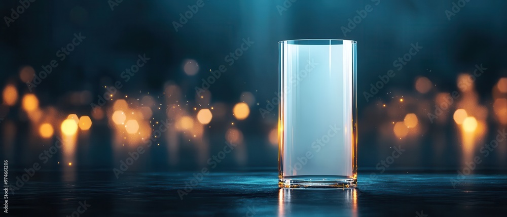 Poster A clear glass of water on a reflective surface with bokeh lights in the background, creating a serene and calming ambiance.