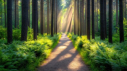 Obraz premium Tranquil Forest Pathway Bathed in Gentle Light Surrounded by Lush Greenery