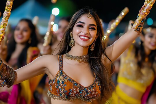 Navratri dancers performing Dandiya Raas with beautifully decorated sticks, celebrating unity