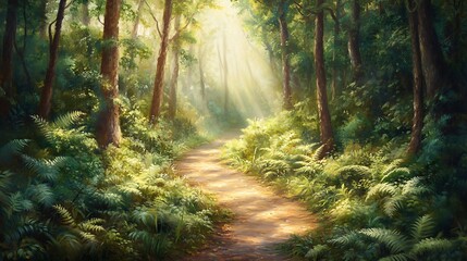 Obraz premium Tranquil Forest Pathway Bathed in Gentle Light Surrounded by Lush Greenery