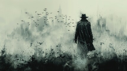 Fototapeta premium A lone figure walks towards a city skyline, obscured by fog and a flock of birds.