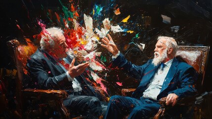 Obraz premium Legal Duel, A lawyer challenges a prosecutor in a tense courtroom setting, embodying a symbolic struggle for justice and truth, vibrant brush strokes capturing the intensity.