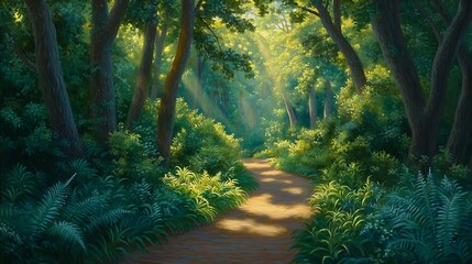 Tranquil Forest Pathway Bathed in Gentle Light Surrounded by Lush Greenery