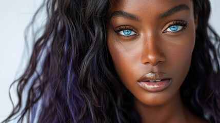 Naklejka premium Portrait of a model with striking blue eyes and dark curly hair against a neutral background