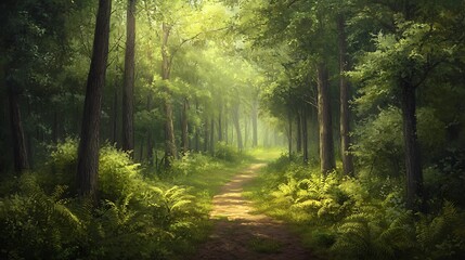 Fototapeta premium Tranquil Forest Pathway Bathed in Gentle Light Surrounded by Lush Greenery
