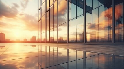 Modern office building or business center. High-rise window buildings made of glass reflect the clouds and the sunlight. empty street outside  wall modernity civilization. growing up business