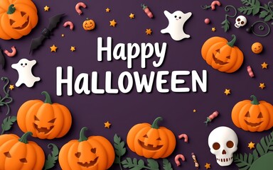 Cute orange pumpkins and white ghosts on a purple background, a fun and festive Halloween greeting. 
