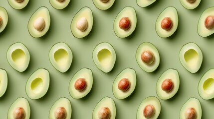 Seamless pattern of halved avocados with seeds on a green background. Healthy tropical fruit concept.