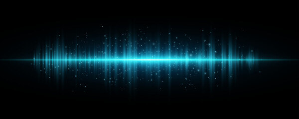 Glowing sound vibrations on black background. Audio waves with blue glow. Abstract voice pattern with light effect. Vector illustration. EPS 10.