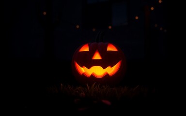 A glowing orange jack-o'-lantern with a spooky grin against a dark background, perfect for Halloween celebrations. 
