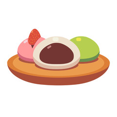 illustration of mochi dessert on a wooden plate, featuring colorful flavors like red bean, strawberry, and matcha. A minimalist design ideal for projects related to dessert illustrations