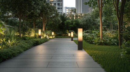 Fototapeta premium Sustainable Urban Green Space: A Tranquil Pathway Illuminated by Soft Lighting and Nature's Touch