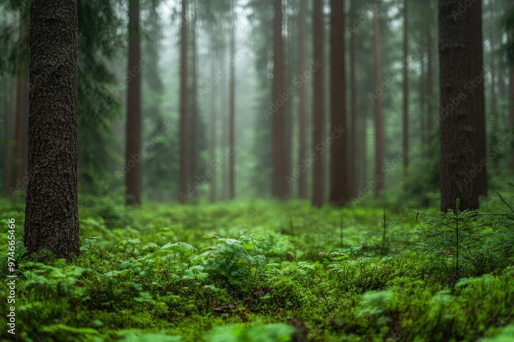 Poster an enchanting misty forest inviting exploration amidst towering trees and lush greenery