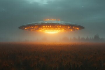 hyperrealistic alien spaceship hovering over a wheat field at night metallic surface gleaming under moonlight creating eerie shadows and strange light patterns on the crops below