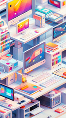 Fototapeta premium office workspace computer technology digital modern desk monitor keyboard mouse colorful design interior futuristic equipment screen creative business setup 