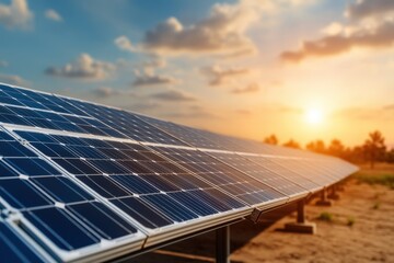 A Glorious Sunset Over a Field of Solar Panels Reflecting Renewable Energy's Promise