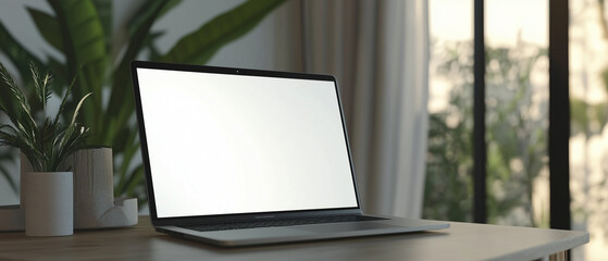 Laptop PC mock up template design on office workplace desk, white blank screen on modern workspace table. Business web technology setup in professional workspace for digital projects and online work.