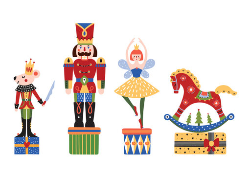 Nutcracker,  princess, rocking horse and  mouse king. Сute set of characters from the ballet The Nutcracker. Christmas illustration on a transparent background.
