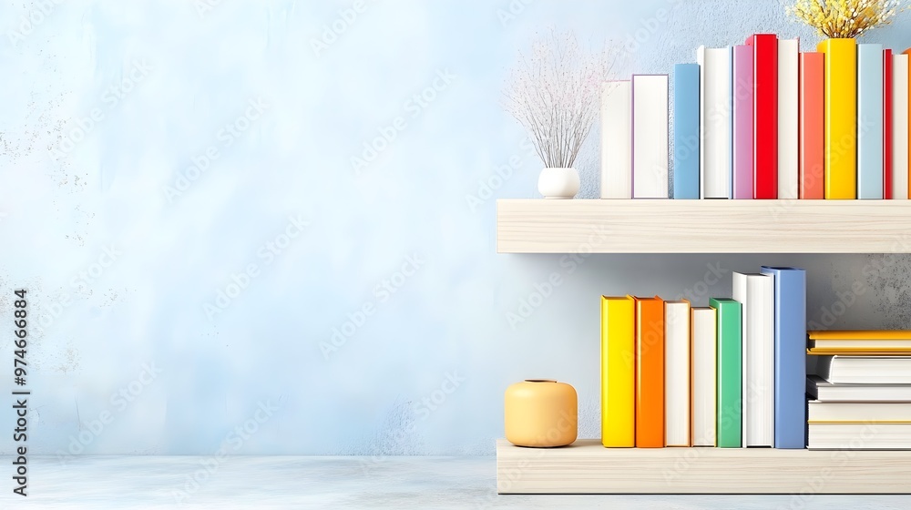 Poster stylish modern bookshelf display - neatly arranged rainbow books with minimalist decor for a chic an