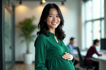 pregnant woman standing and working a her office, generative AI