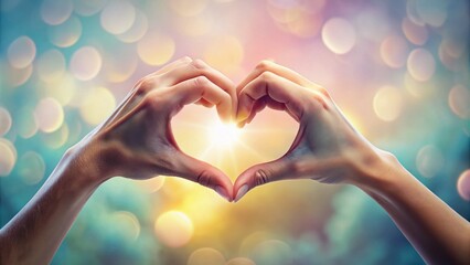 Two hands forming a heart shape with fingers, symbolizing love, friendship, and unity, against a soft focus background with subtle pastel colors.