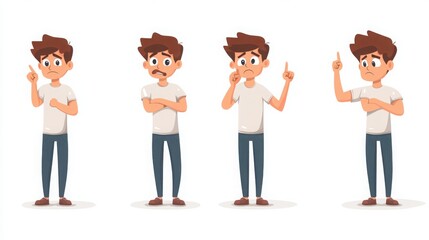 Obraz premium A set of characters in different thinking poses like furrowing their brow or holding a finger up as if an idea has struck, white background 