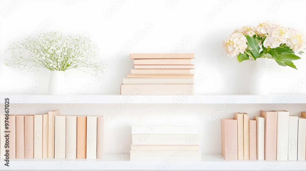 Poster minimalist bookshelf serenity - soft color gradient books creating a cozy atmosphere for inviting in