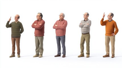 Obraz premium A series of characters in different states of thought, from deep contemplation to mild confusion, each with distinct gestures, white background 