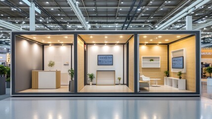 Booths – Sleek Photo of Minimalistic Trade Show Booths with Different Brand Colors and Simple Decorations
