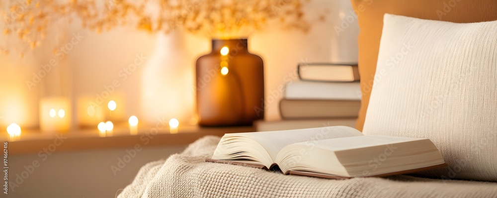 Poster cozy reading nook with styled shelf - modern decor and warm lighting create a calming atmosphere for