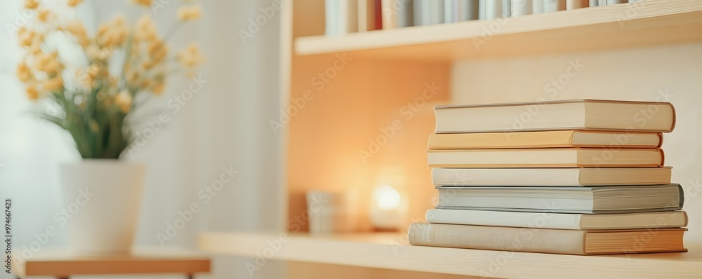 Poster cozy reading nook with neatly styled shelf - modern aesthetic with warm lighting tidy books and simp