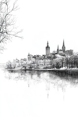 Fototapeta premium Fredericton, Canada, black and white pen pencil hand-drawn effect portrait drawing illustration for travel poster, card, wallpaper, backdrop or banner. Modern, clear, artistic and simple