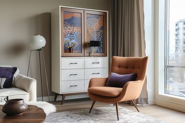 White herringbone cabinet with brown metal legs in modern style, surrounded by purple-toned decor and artwork in an apartment living room.
