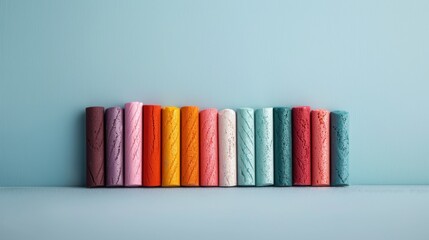 Colorful chalk sticks arranged in a vibrant spectrum against a soft blue backdrop, showcasing creativity and playfulness in art and education settings.