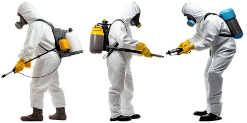 Close Up To a Set of Faceless pest control workers PNG in a protective suit isolated on white and transparent background - Pest removal Worker with Safety equipment Extermination uniform