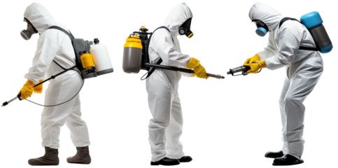 Close Up To a Set of Faceless pest control workers PNG in a protective suit isolated on white and transparent background - Pest removal Worker with Safety equipment Extermination uniform