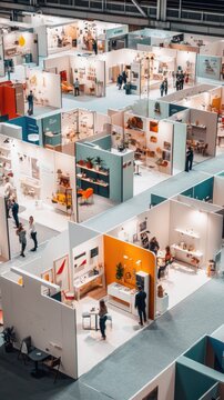 Booths &ndash; Sleek Photo of Minimalistic Trade Show Booths with Different Brand Colors and Simple Decorations
