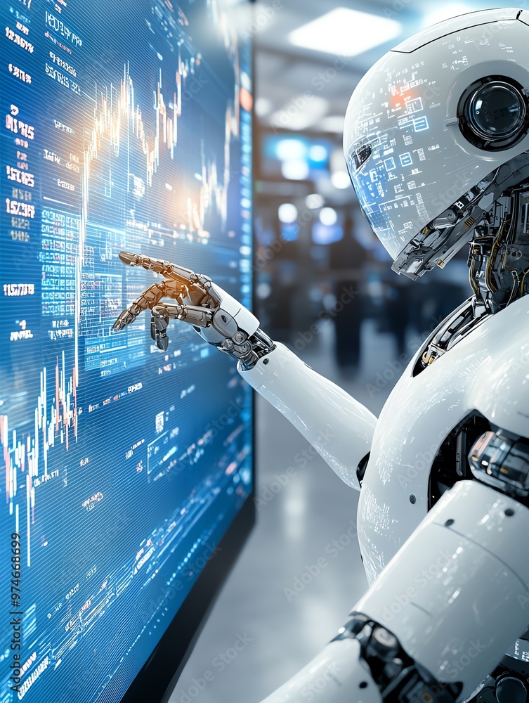 Aufkleber a futuristic robot analyzing financial data on a digital screen, showcasing technology and ai in mod