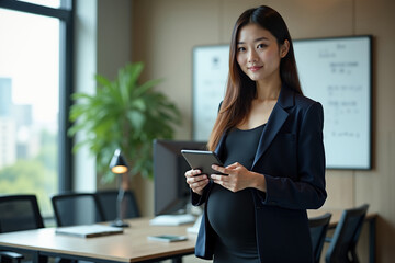 pregnant woman standing and holding tablet mobile at office, generative AI